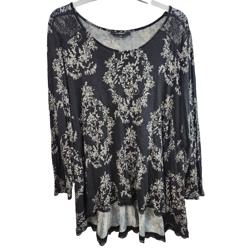 Chelsea Studio Womens BOHO Tunic Top Size 2X Black White Floral Lace Long Sleeve